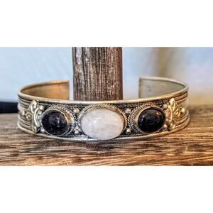 Vintage Alpaca Bezel Set Glass Stone Adjustable Cuff Silver Tone Bracelet